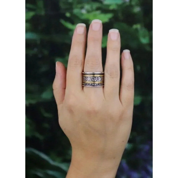 Sterling Silver & Brass Flower Spinner Ring Thick Band Cigar Ring Silpada Size 8 - Picture 2 of 7